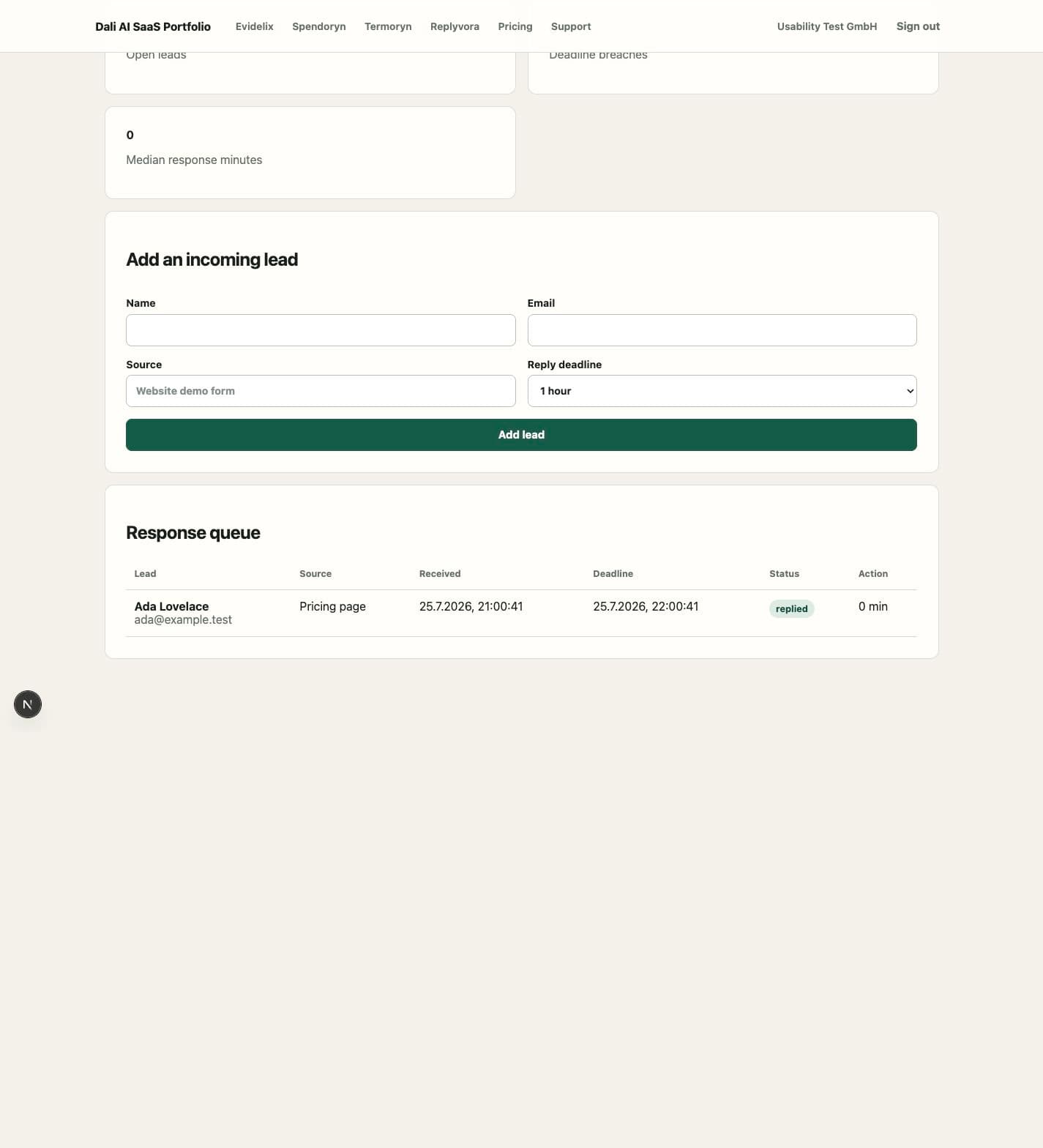 Replyvora product dashboard with synthetic test data